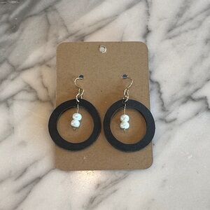 Leather Black Circular Earrings with Beading